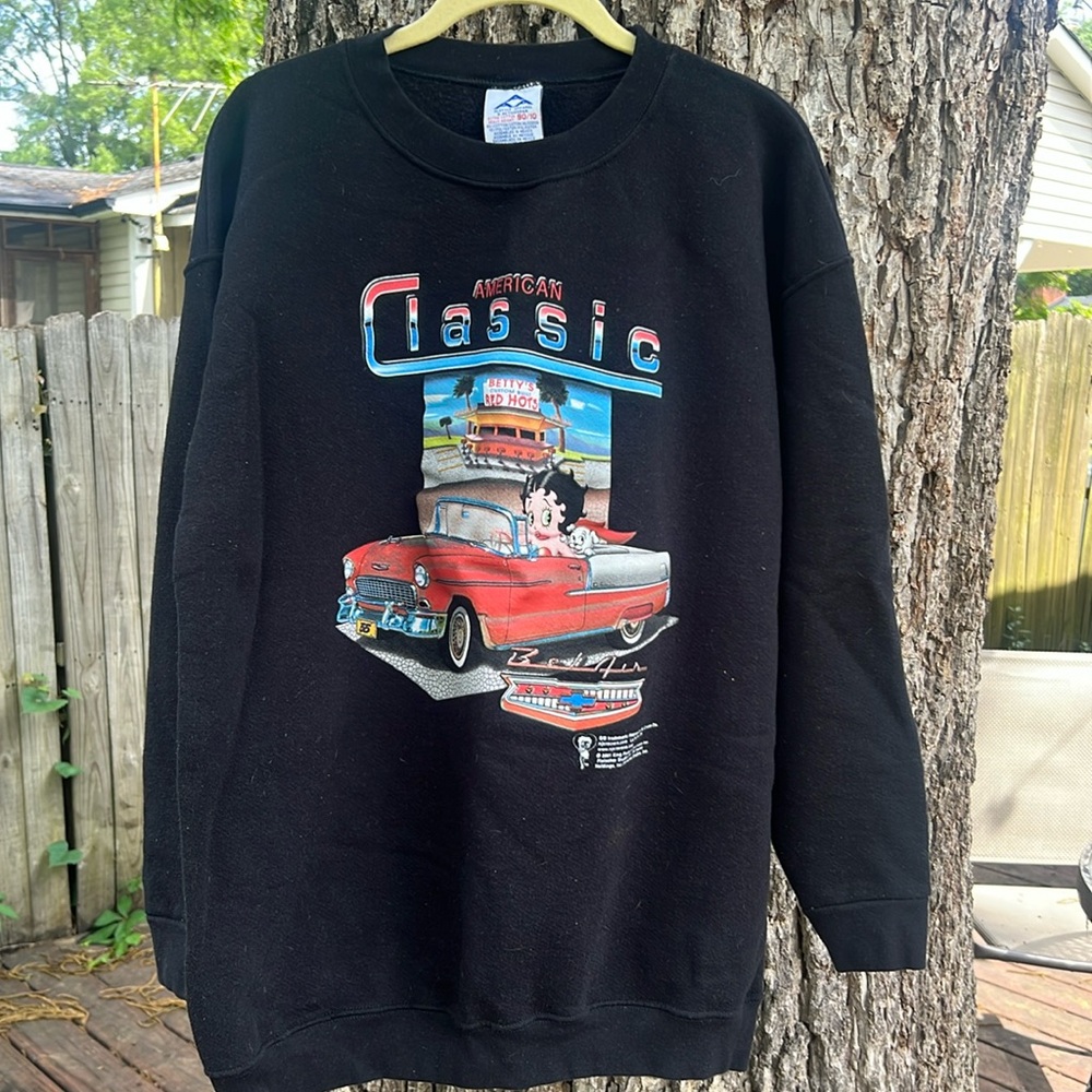 Vintage Y2K Betty Boop Bel Air Chevrolet 2001, Black Sweatshirt, Size Large